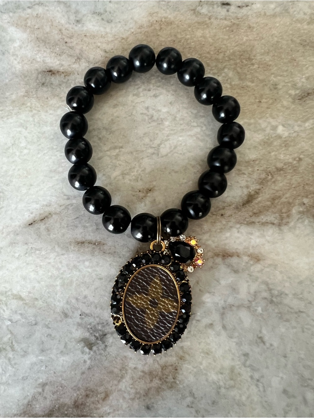 Black Beaded Charm Bracelet with Oval Pavé Pendant